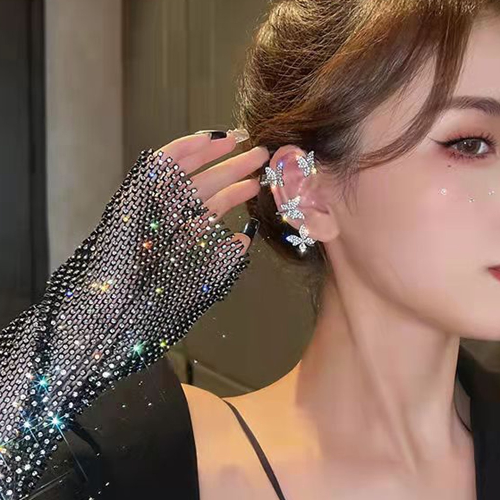 Hu Hu Hu Hu Hu Alat Bantu Pasang Kacamata♡ 1 Pasang Anting Klip Bentuk Kupu-Kupu Aksen Berlian Imitasi Untuk Perhiasan