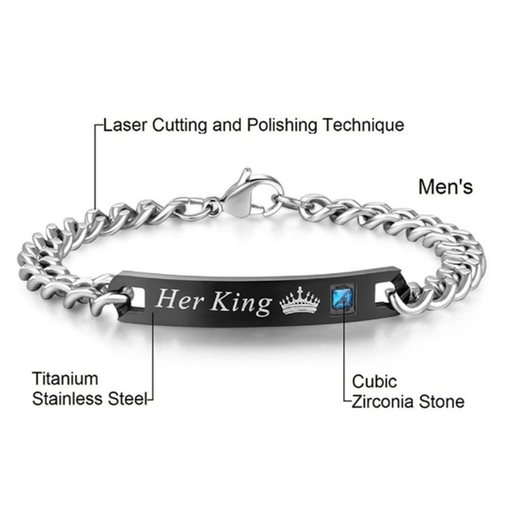 Gelang Pasangan Couple Bahan Stainless Steel Motif His Queen Her King untuk Pria / Wanita