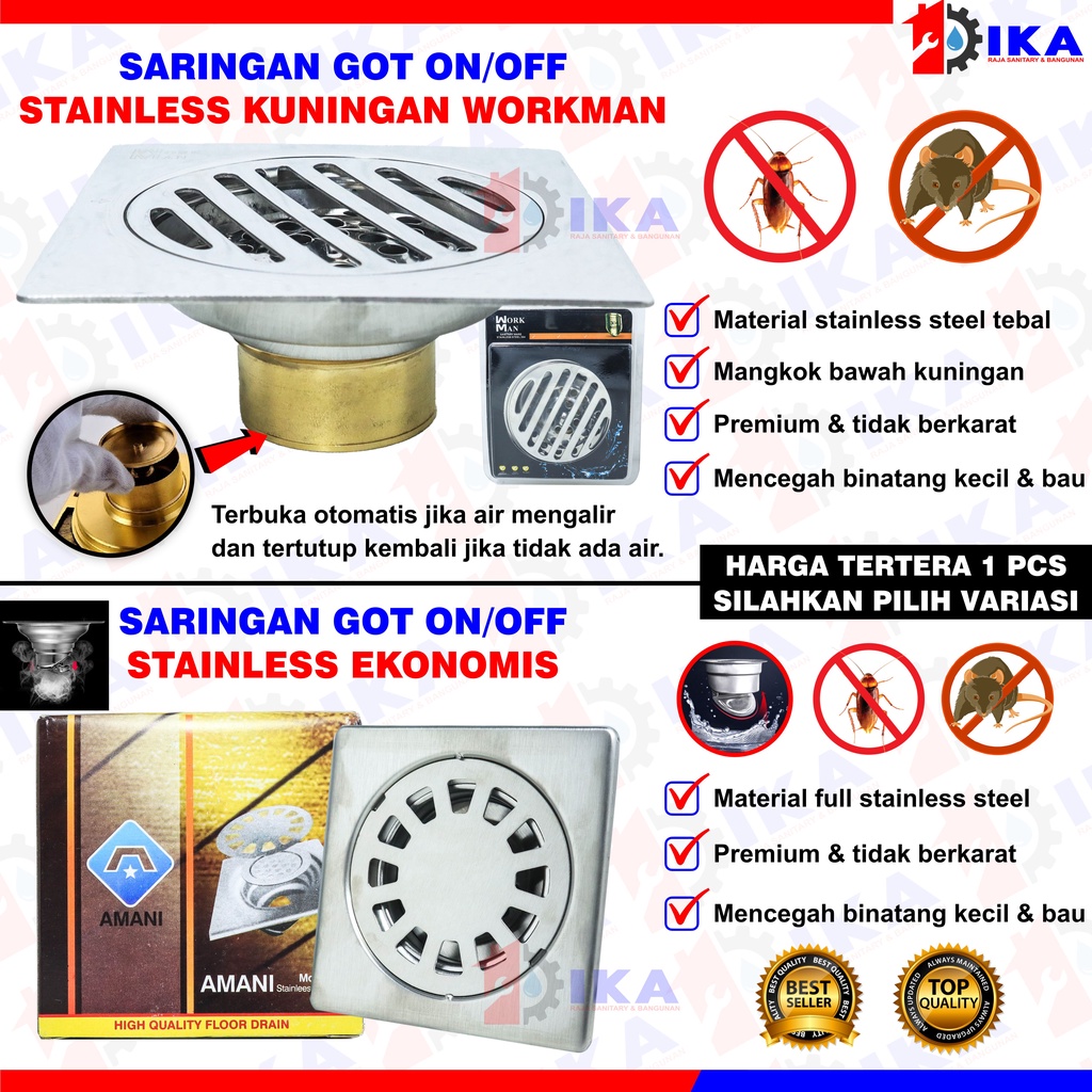 IKA-Official Floor Drain Sargot Kuningan Stainless - 4 Inch Model On Off ( OTOMATIS BUKA TUTUP) SARINGAN GOT ANTI BAUT KECOA