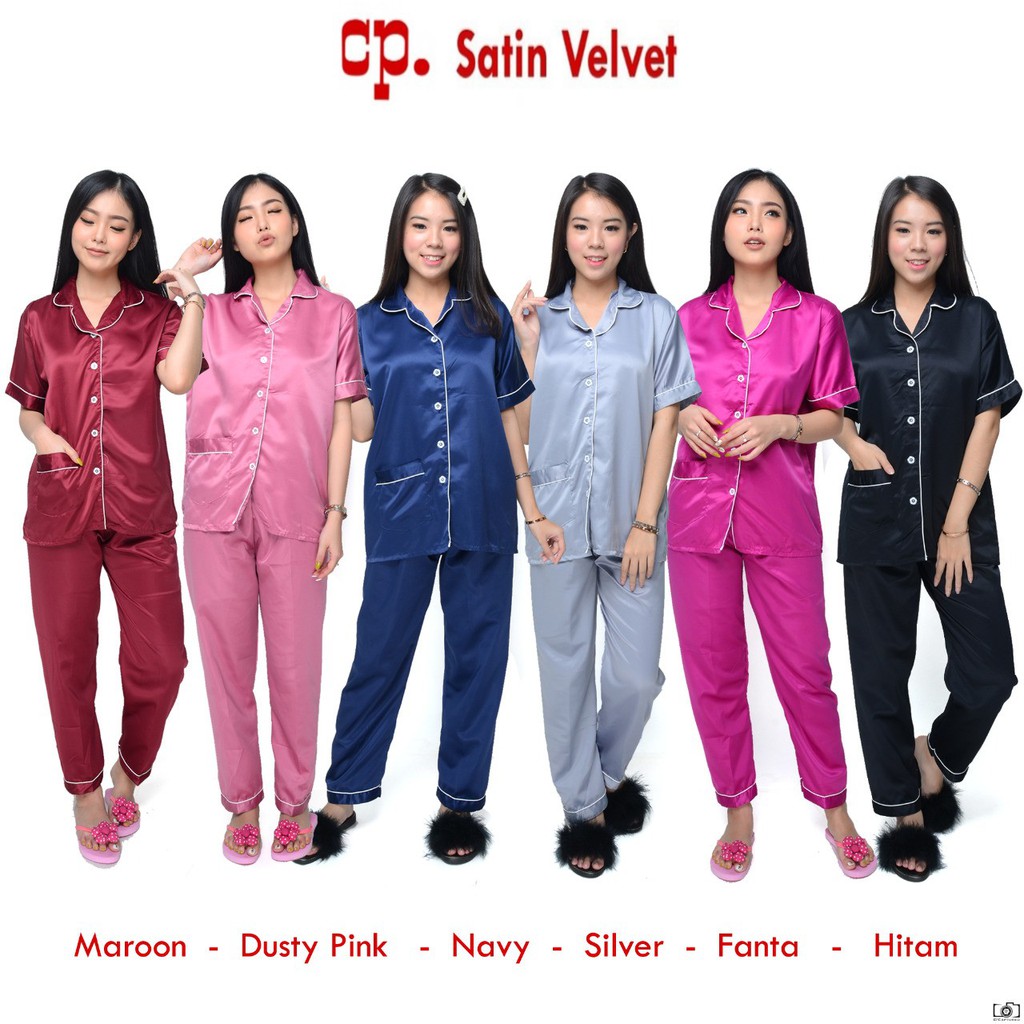 JNV Piyama CP Wanita Motif Satin Velvet / Polos - Baju Tidur Satin Lengan Pendek - Bahan Satin Velvet-1
