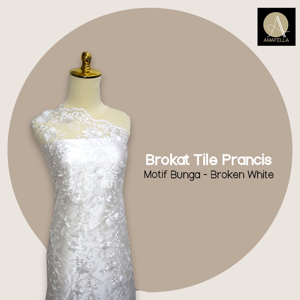 1/2 meter Kain Brokat Tile Prancis Motif Bunga Broken White