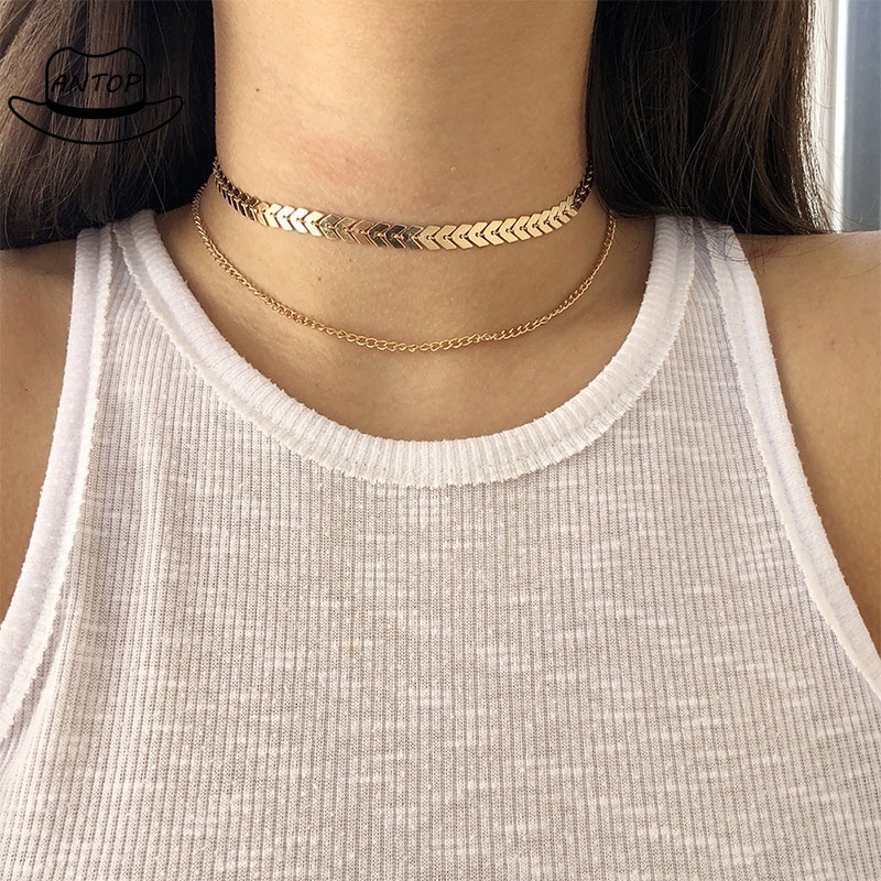 Kalung Wanita Necklace Gold Temperamen Fashion Mutiara Rantai Tulang Ikan Payet Baru Kalung Pendek ANTOP