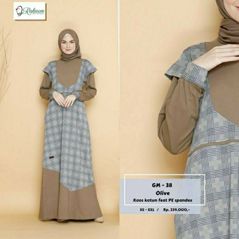 Gamis muslimah bahan kaos adem RAHNEM GM 38 OLIVE &amp; GM 38 FANTA