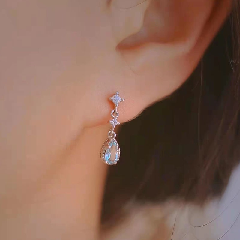 Anting Tusuk Gantung Bahan Sterling Silver 925 Hias Zircon Aquamarine Gaya Koreaelegan Untuk Wanita