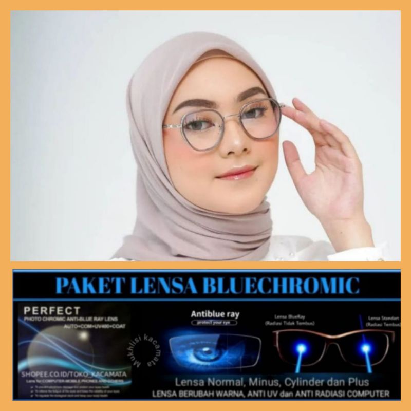 kacamata wanita paket bluecromic (blueray photocromic) minus clynder normal frame 2131