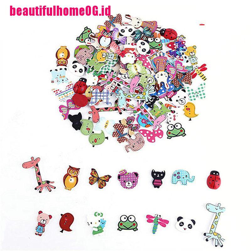 50pcs Kancing Kayu Motif Kartun Hewan Campur Untuk Diy Menjahit / Scrapbook