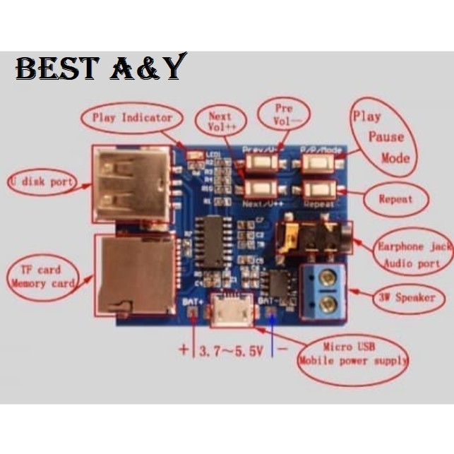 MP3 Player Decoder Module Amplifier Board Audio Flashdisk SD Card