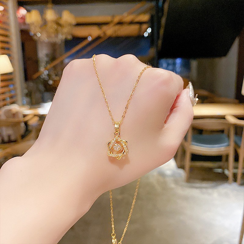 XiaoboACC Kalung Rantai Klavikula 18K Gold Plated Zircon Bentuk Bintang Segi Delapan Bahan Titanium Steel Ukuran - 38CM + 6CM