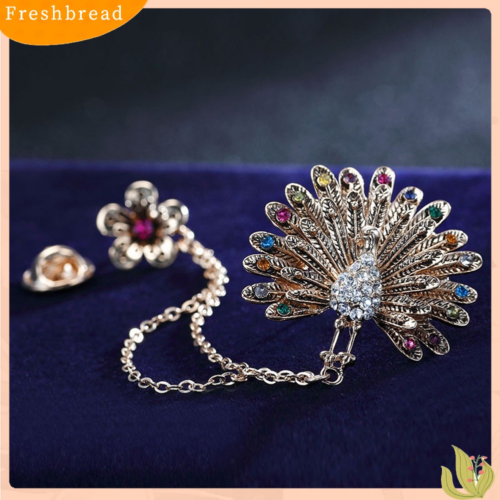 [ TERLARIS]Women Cubic Zirconia Inlaid Peacock Flower Double Chain Tassel Brooch Pin Gift