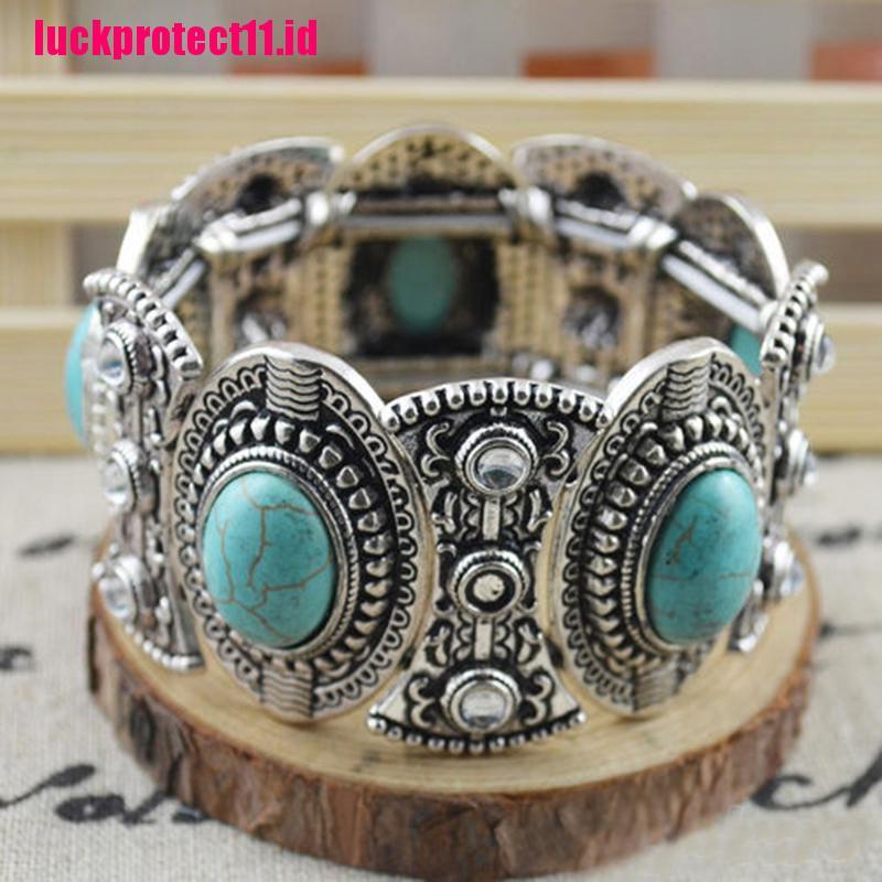 (LUCK) Gelang Tangan Silver Gaya Boho Vintage Retro Aksen Batu Turquoise Tibet Untuk Wanita