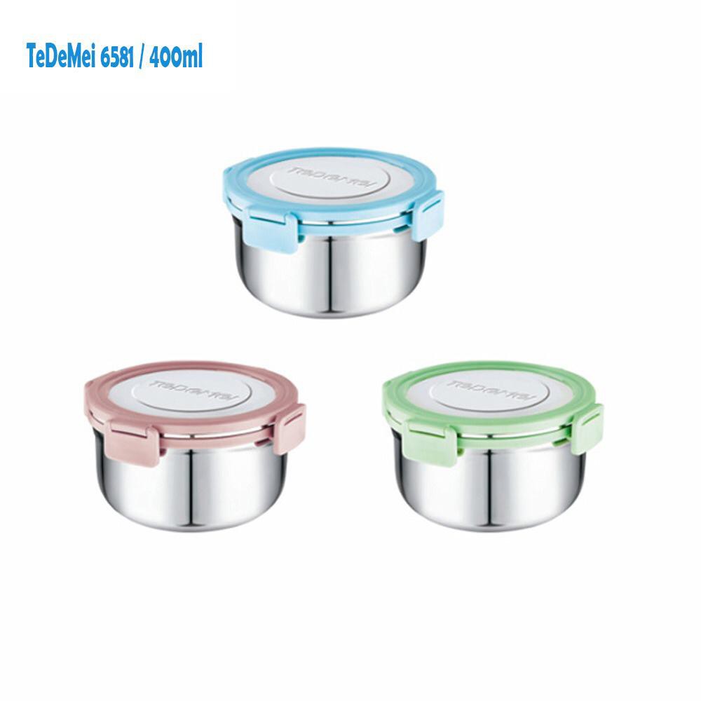 LUNCH BOX TEDEMEI 6581 PINK GREEN BLUE / TEMPAT MAKAN STAINLESS BULAT.