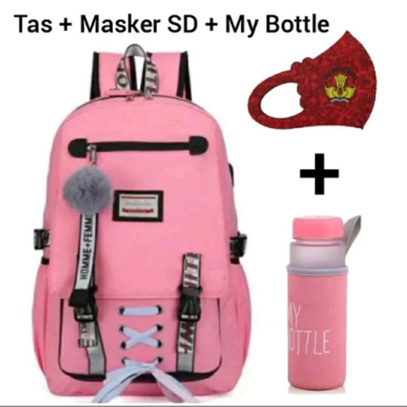 Tas Sekolah SD Wanita Backpack Perempuan Plus Pompom Masker dan My Bottle