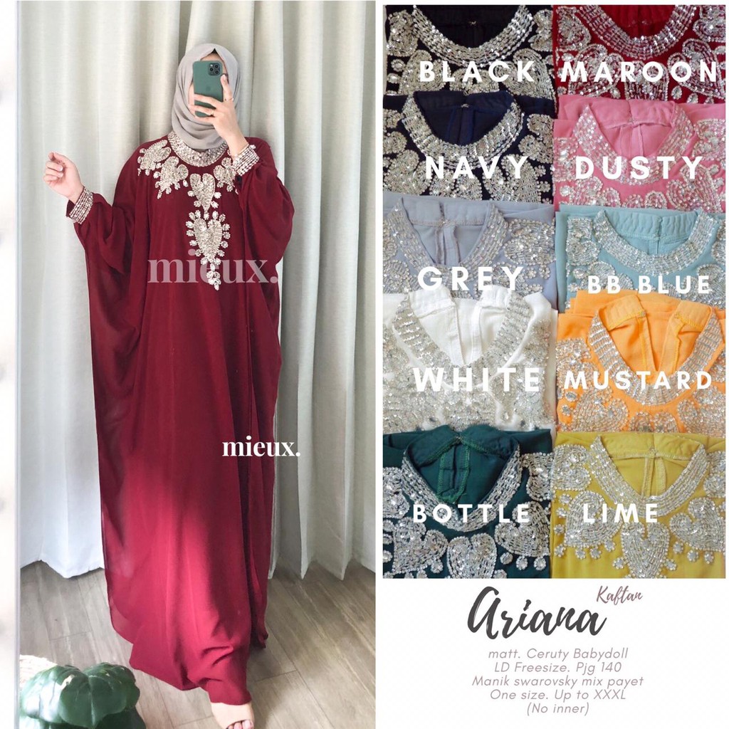 RHS ~ ariana kaftan gamis kaftan premium bahan ceruty babydoll ori solo by mieux hijab