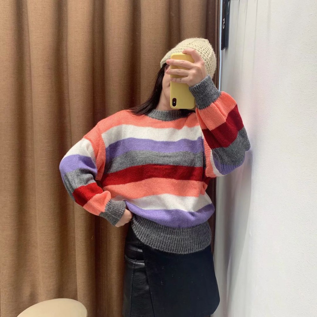 Sweater Rajut Wanita Import Bahan Knit Sweater Korea Mix Color Sweater