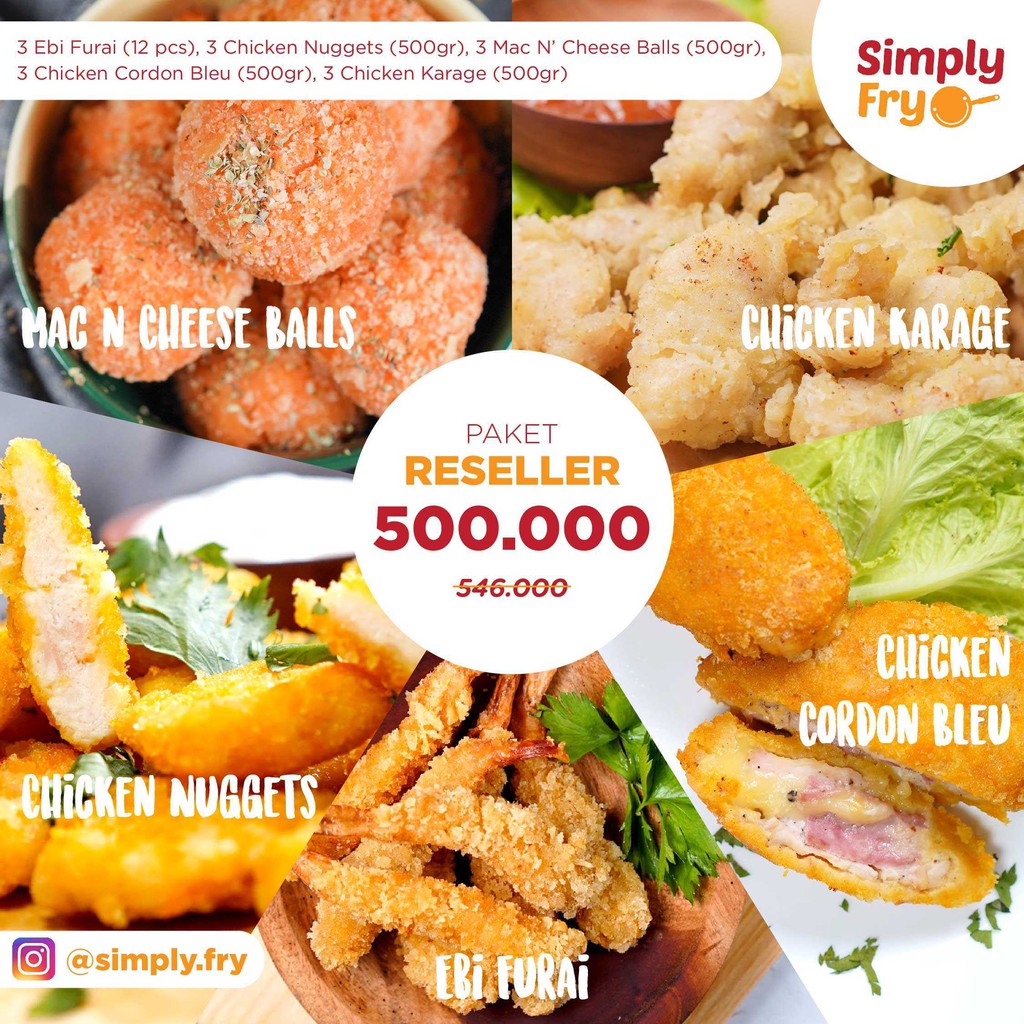 

Paket Reseller (Isi 15 Pak Campur Lengkap) / Frozen Food by Simply Fry