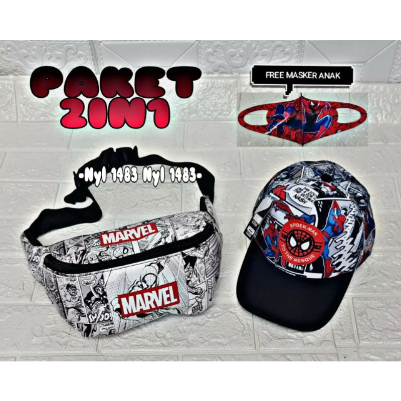 WAISTBAG/TOPI ANAK BASEBALL SPIDERMAN FREE MASKER