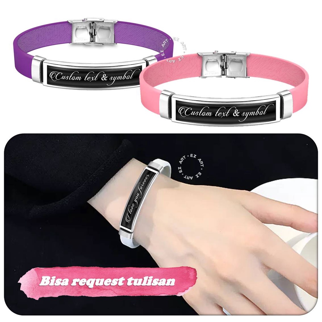 GELANG KULIT CUSTOM TULISAN SIMBOL ANGKA NAMA TANGGAL MODEL SABUK STRAP KULIT PLAT STAINLESS STEEL COUPLE PASANGAN