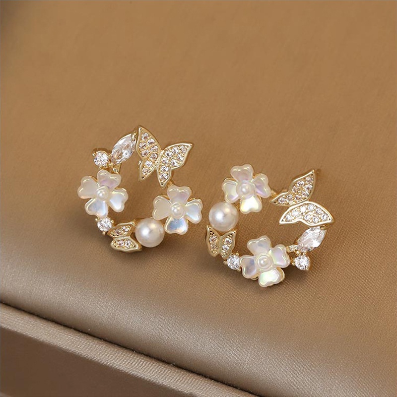 2Pcs Korea Bunga Anting,Mutiara Perak Jarum Kupu-kupu,Perhiasan Fashion Wanita