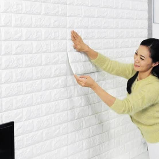 Wallpaper Sticker 3D foam Batu bata brick wallpaper dinding emboss - Seperti Foto, Putih