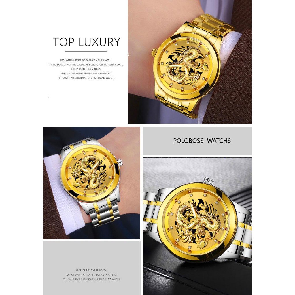 FNGEEN Jam Tangan Pria Naga Emas Luxury Stainless Steel Quartz Original Anti Air Dragon Gold Watch Kuning