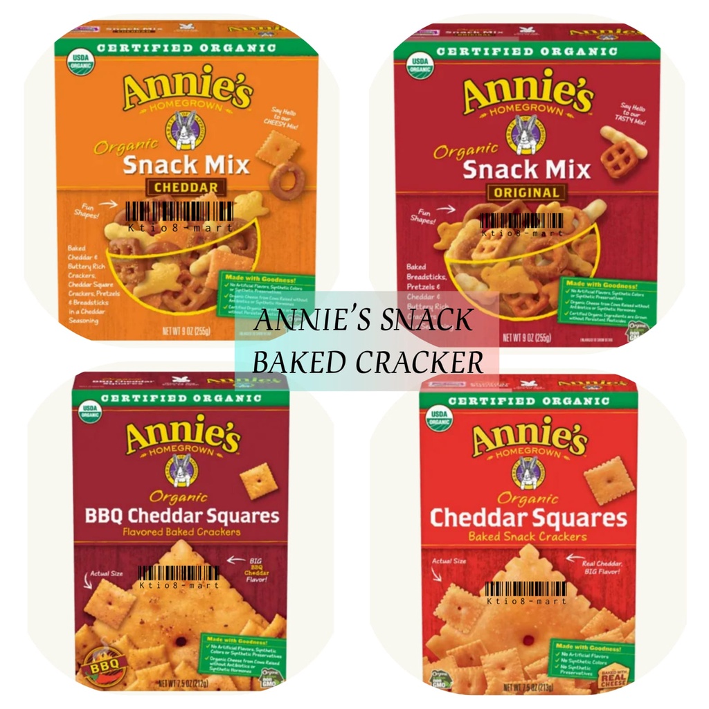 

Annie’s Homegrown Organic Baked Crackerks / Original Snack Mix/ Cheddar Snack Mix/ Cheddar Squares/ BBQ Cheddar Squares/ Biskuit Organic/ Import