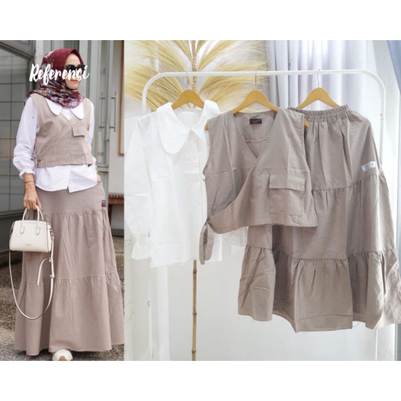 3 in 1 Set Rok Gesper Kemeja + Vest Gesper//Setelan Rok Kemeja//Setelan Wanita Rok