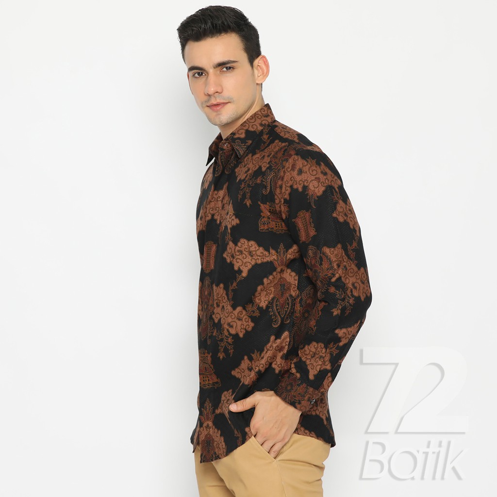 KEMEJA BATIK PRIA Hem Lengan Panjang Slimfit Premium Motf Elegant Warna Hitam Coklat 728311 Cap 72 - Baju Kemeja Atasan Pakaian Setelan Batik Pria Cowok Laki Laki Remaja Keluarga Kantor Lengan Panjang Modern Slimfit Slim Fit Premium Kekinian