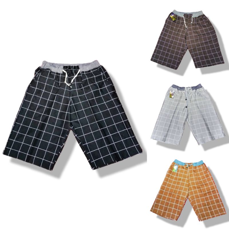 CELANA PENDEK PRIA CELANA PENDEK TARTAN KOTAK-KOTAK PINGGANG FULL KARET KAIN TEBAL