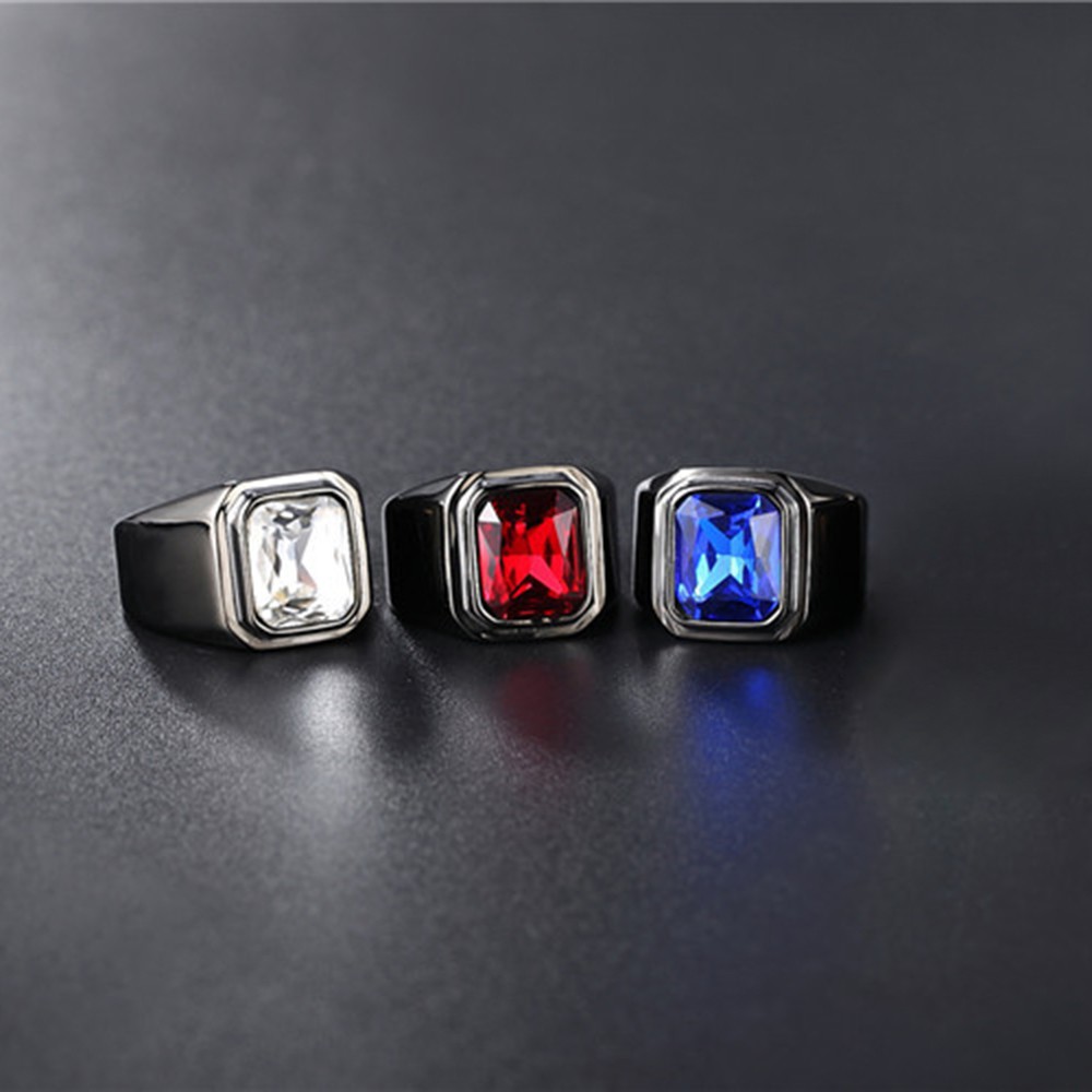 3 warna Kristal Batu permata Pria wanita Perhiasan Fashion Baja Titanium Rubi Safir Hitam Cincin Rings