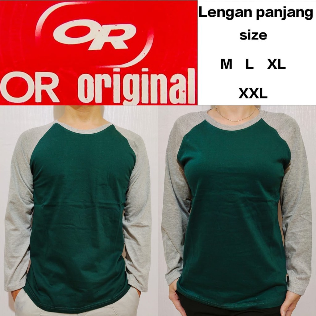 Kaos  polos raglan hijau botol lengan abu misty panjang M L XL XXL