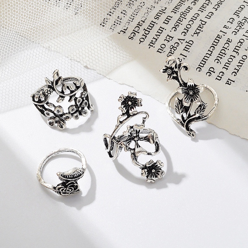 4pcs / Set Cincin Buku Jari Aneka Bentuk Warna Silver Gaya Vintage Antik Untuk Wanita