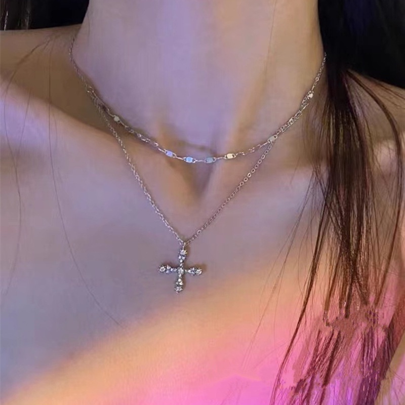 Kalung Rantai Klavikula Model double diamond cross Untuk Wanita