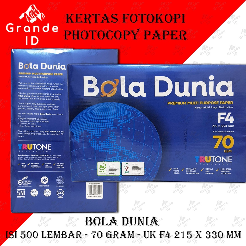 

KERTAS FOTOKOPI BOLA DUNIA 70 GRAM FOLIO F4 215 X 330 MM 500 LEMBAR