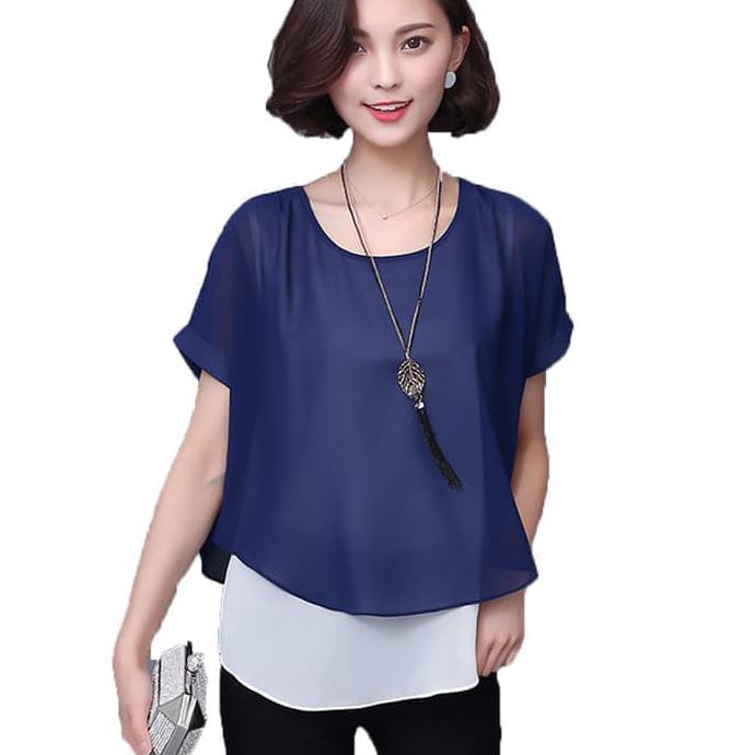 Fashion modern Baju Atasan Wanita Korean Style Double Layer Blouse Ivanka Blus JUMBO - Navy
