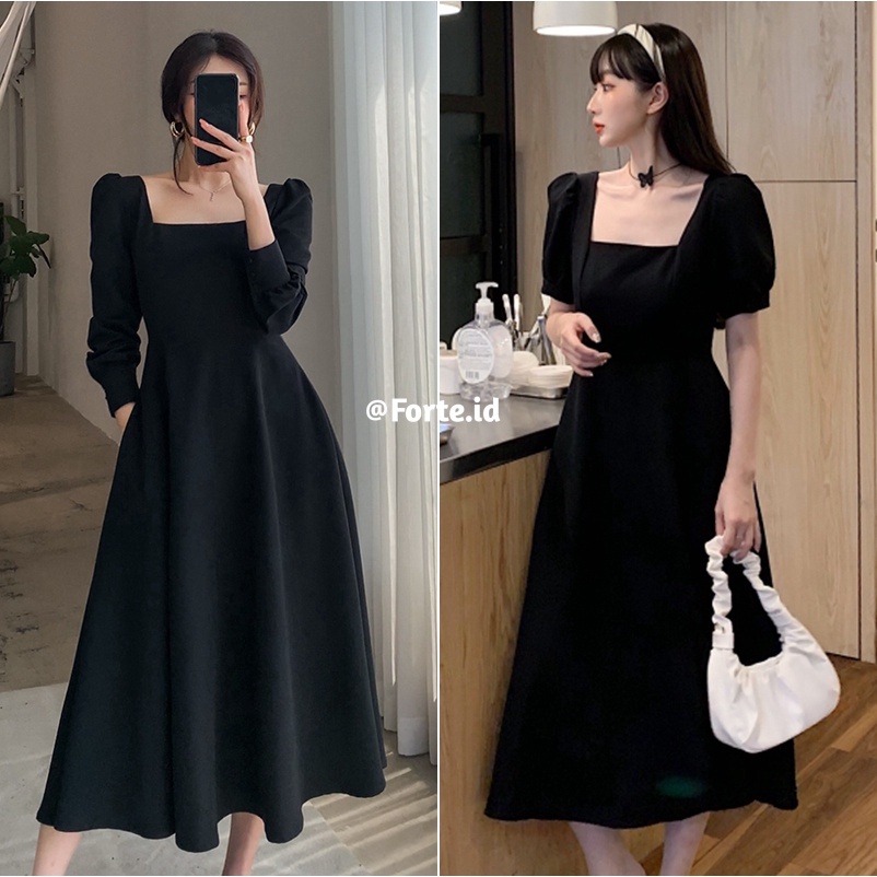 Korea style dress lengan pendek Gaun midi a-line hitam minimalis fashion