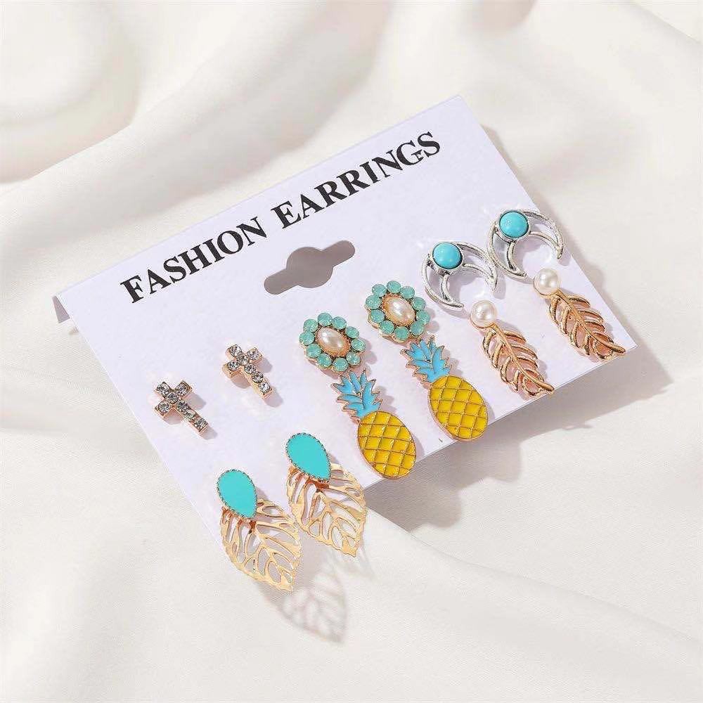 Set Anting Tusuk Motif Nanas / Daun / Bunga Gaya Bohemia Vintage untuk Wanita