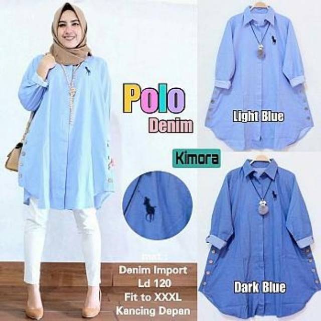 Polo Denim, Kemeja wanita, kemeja Muslimah, Kemeja Polo