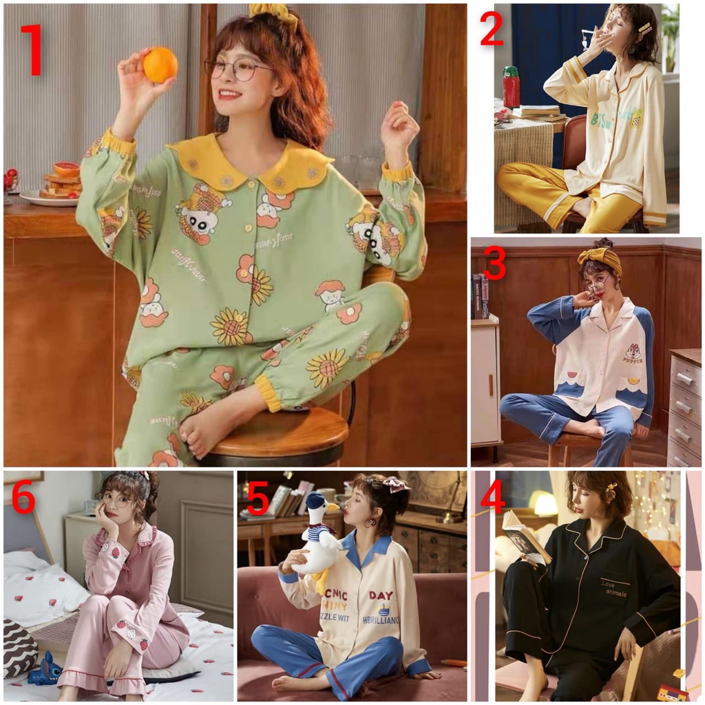 Baju tidur piyama bahan kaos premium lengan panjang celana panjang