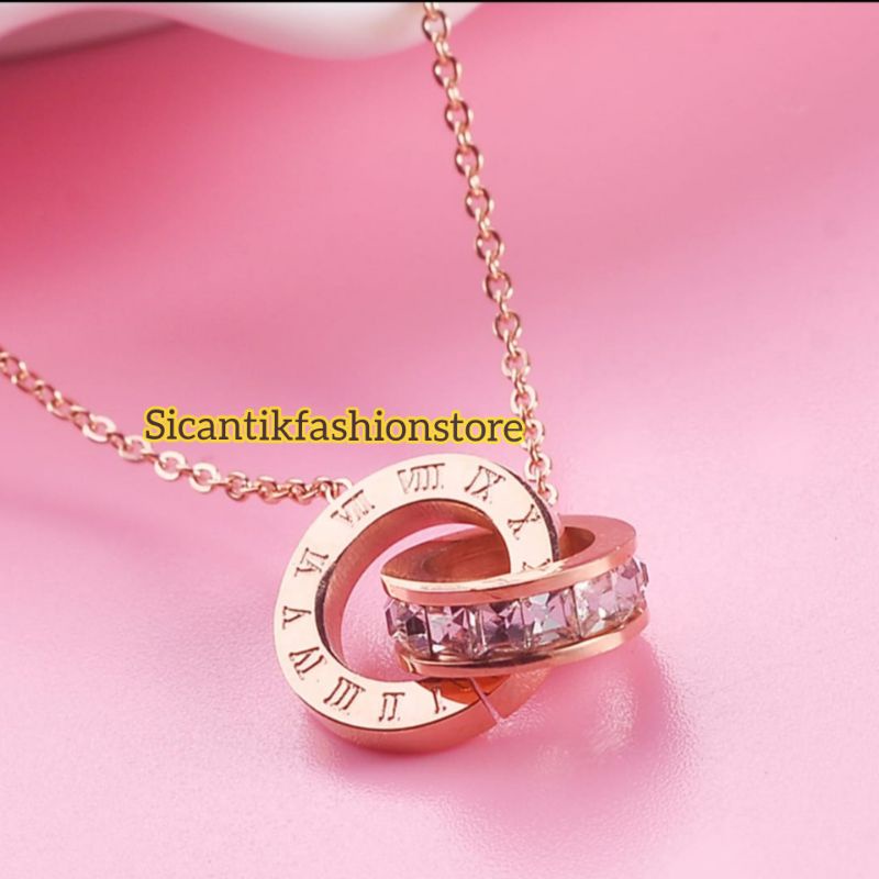 Kalung B&lt;lgri Titanium Two Rings Kristal Terlaris Anti Karat selamanya Terbaru Kekinian Mewah Fashion Wanita