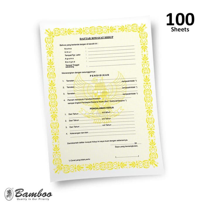 

Bamboo Blanko Daftar Riwayat Hidup [1 Pak isi 100 lbr]