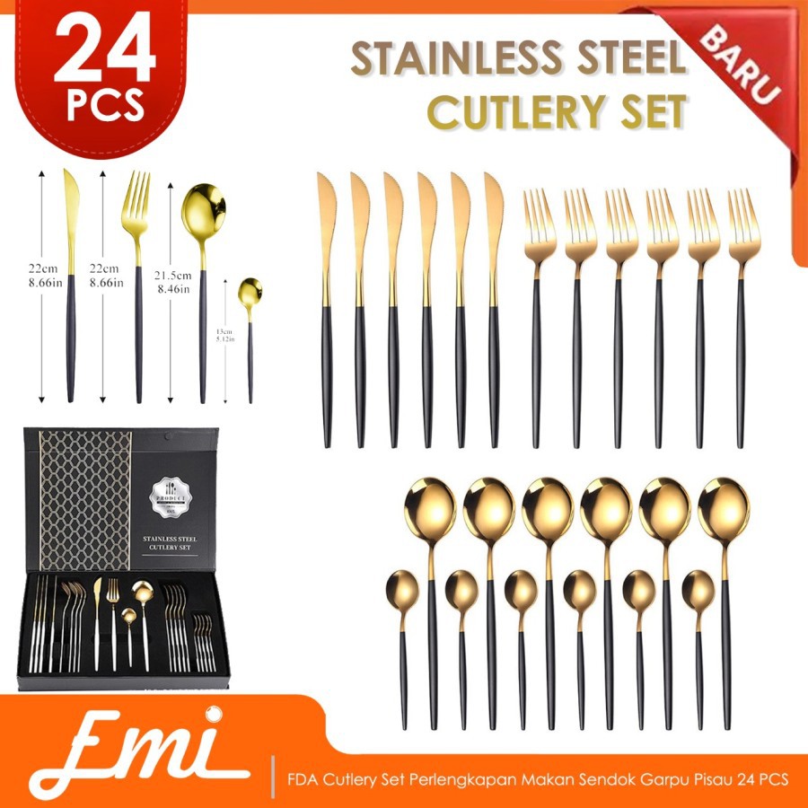 FDA Cutlery Set Perlengkapan Makan Sendok Garpu Pisau 24 PCS - TW873 - Black Gold