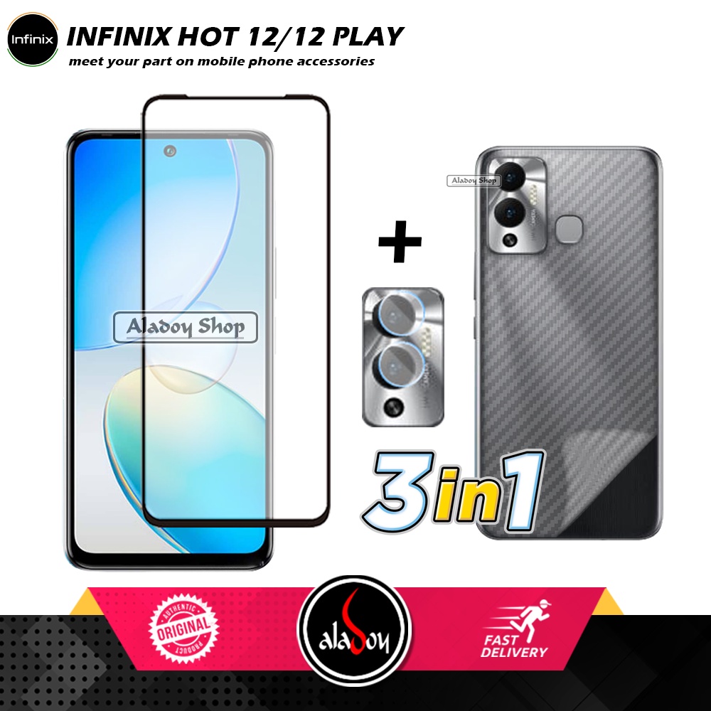 PAKET 3 IN 1 Tempered Glass Layar Infinix Hot 12 / Hot 12 Play 2022/Hot 30i Free Tempered Glass Camera dan Skin Carbon