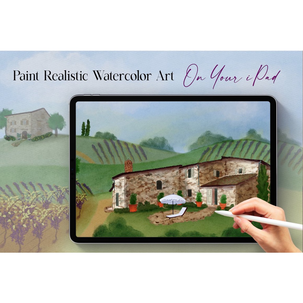 Procreate Brush - Tuscany Watercolor Brushset, Canvas &amp; Scene Creator