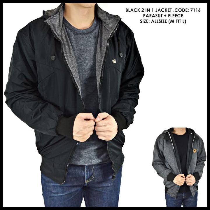 TERBARU JAKET BOLAK BALIK 2IN1 MOTOR PARASUT FLEECE HITAM POLOS COWOK PRIA