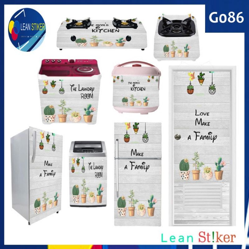 stiker kulkas 1 dan 2 pintu,kompor,magicom,mesin cuci,pintu kamar mandi motif kaktus buyground kayu