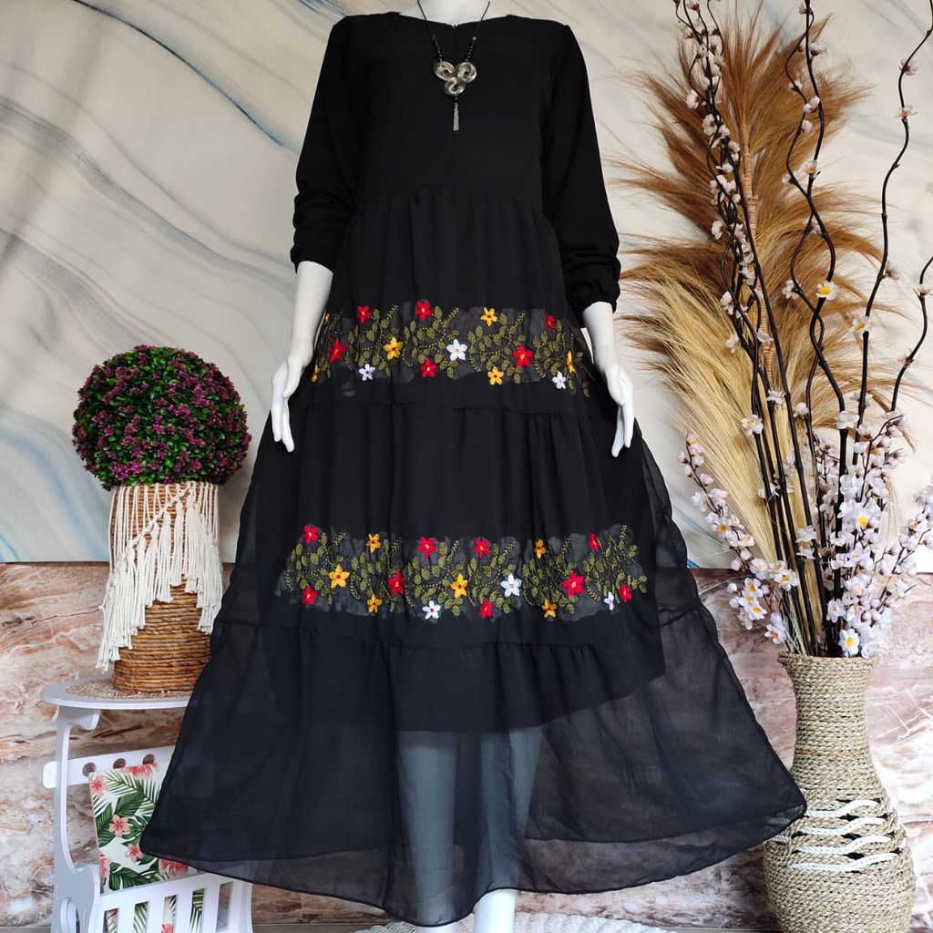 Gamis Seruty Babydoll Bordir Bunga