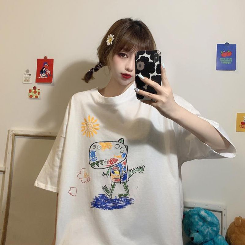 Oversize Tee Tshirt Model Longgar Untuk Wanita Motif Dino Warna Warni