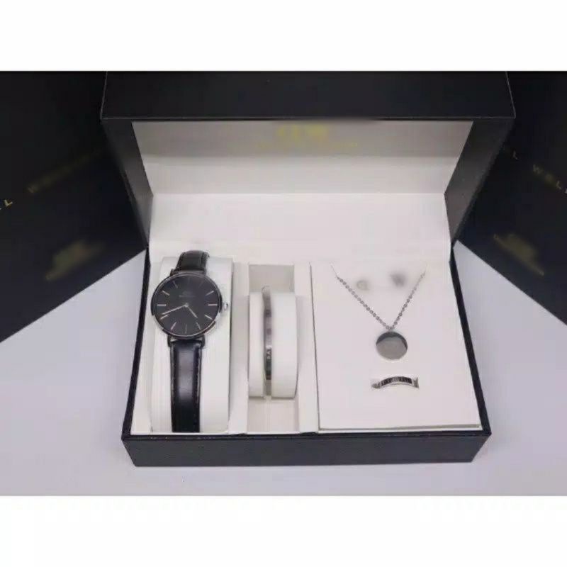 COD √100% ORI JAM TANGAN WANITA WD DW PREMIUM KULIT JAM WD PAKET GELANG + ANTING + KALUNG +  CINCIN 