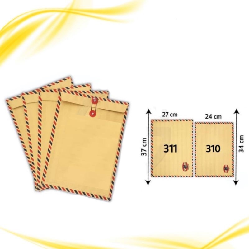 

AMPLOP COKLAT TALI/AMPLOP COKLAT AIRMAIL TALI MEREK SEMAR 310 DAN 311 (1PAK ISI 10 BIJI)