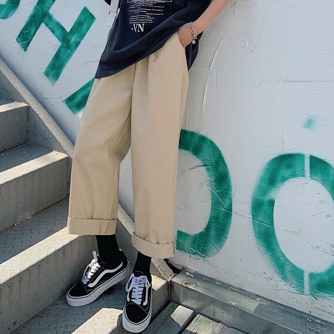 celana panjang longgar gaya korea retro longgar kaki lebar celana kasual wanita